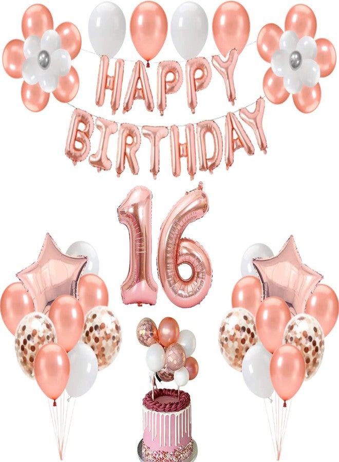 FI - FLICK IN 52 pcs 16th Birthday Decorations for Girls with Balloon Cake Topper 16th Birthday Decorations Set for Adults Number Foil 16 Confetti Balloons (Pack of 52,Rose Gold) - Image 1